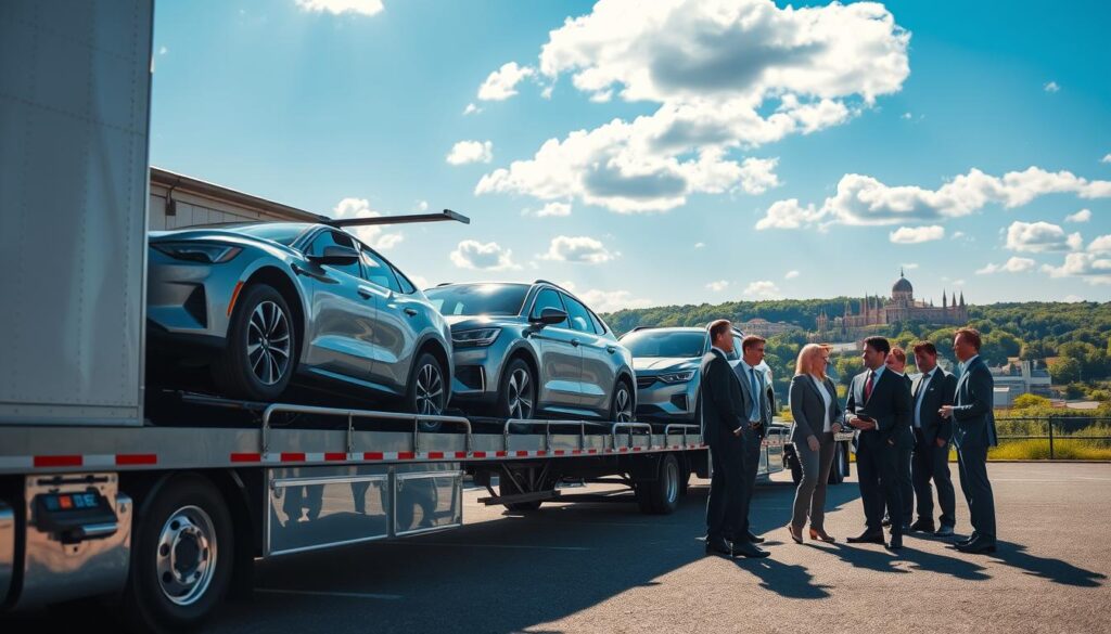 A professional car shipping scene showcasing "Best Car Shipping Inc" in Corbin, Kentucky. In the foreground, a sleek, modern auto transport truck loaded with well-maintained vehicles, gleaming under bright, natural sunlight. A diverse group of friendly drivers in professional business attire, discussing logistics and showcasing a sense of trust and reliability. The middle ground features a picturesque landscape of Corbin, highlighting its iconic landmarks and greenery. In the background, blue skies with a few fluffy clouds enhance a positive atmosphere. Use a wide-angle lens for an expansive view, creating depth, while soft, warm lighting evokes a welcoming vibe. The overall mood conveys professionalism and dependability, perfectly representing trusted auto transport services for Corbin drivers.