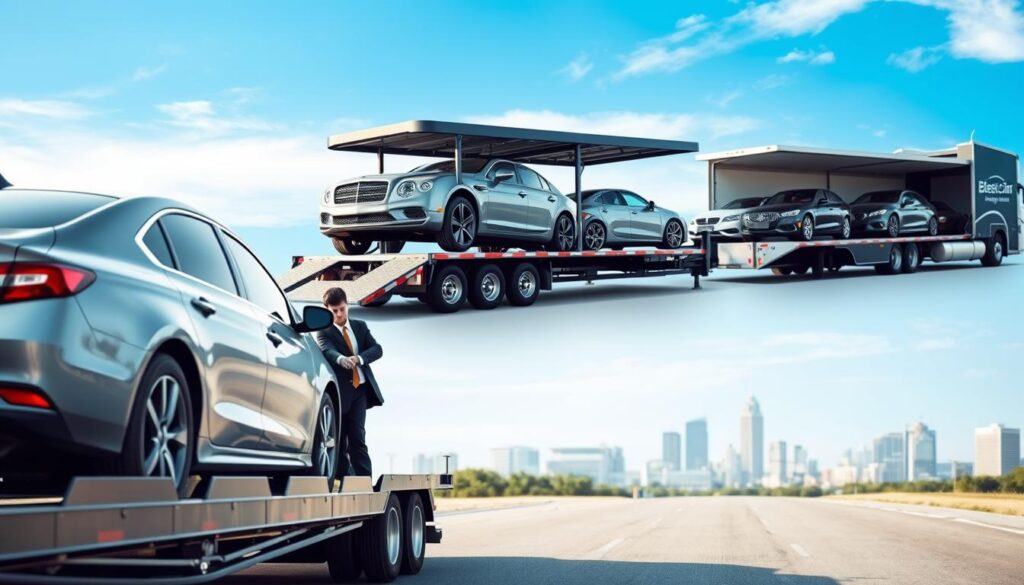 A professional car shipping scene showcasing various auto transport options in a vibrant Frankfort, Kentucky setting. In the foreground, depict a sleek, modern car on a car carrier, with a professional driver in business attire inspecting the vehicle. In the middle ground, illustrate diverse car shipping options: an open vehicle carrier filled with sedans, and an enclosed trailer transporting luxury cars, all set against a bright blue sky. The background features the iconic skyline of Frankfort, Kentucky, with subtle details of local landmarks. Utilize soft, natural lighting to emphasize the professionalism of the car shipping industry. Include the brand name "Best Car Shipping Inc" on the truck sides, ensuring a clean and polished appearance. Aim for a clear and inviting atmosphere that highlights expertise in car transport. A professional car shipping scene showcasing various auto transport options in a vibrant Frankfort, Kentucky setting. In the foreground, depict a sleek, modern car on a car carrier, with a professional driver in business attire inspecting the vehicle. In the middle ground, illustrate diverse car shipping options: an open vehicle carrier filled with sedans, and an enclosed trailer transporting luxury cars, all set against a bright blue sky. The background features the iconic skyline of Frankfort, Kentucky, with subtle details of local landmarks. Utilize soft, natural lighting to emphasize the professionalism of the car shipping industry. Include the brand name "Best Car Shipping Inc" on the truck sides, ensuring a clean and polished appearance. Aim for a clear and inviting atmosphere that highlights expertise in car transport.