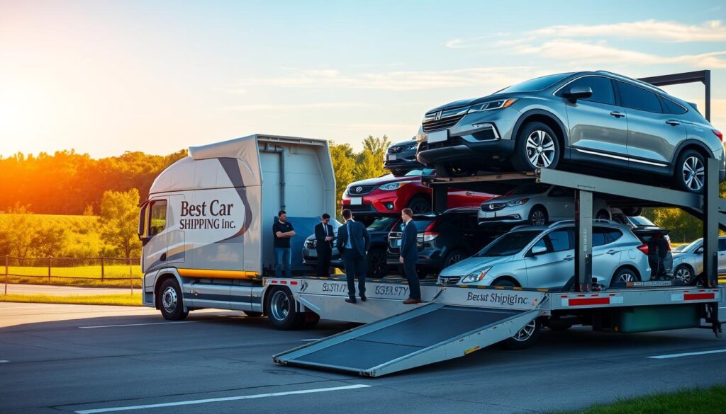 A professional car shipping service scene in Rayne, Louisiana, showcasing a sleek transport truck loaded with several cars, including compact sedans and SUVs, ready for delivery. The foreground features a clear view of the truck with the brand name "Best Car Shipping Inc" prominently displayed on its side. In the middle ground, a small team wearing professional business attire inspects the vehicles, ensuring they are secure for transport. The background reveals a picturesque Louisiana landscape with lush greenery and a clear blue sky, suggesting an efficient and trustworthy service. The scene is illuminated by warm, natural sunlight, creating an inviting atmosphere. Capture the essence of reliability with a slight angle highlighting the truck and the team’s professionalism. A professional car shipping service scene in Rayne, Louisiana, showcasing a sleek transport truck loaded with several cars, including compact sedans and SUVs, ready for delivery. The foreground features a clear view of the truck with the brand name "Best Car Shipping Inc" prominently displayed on its side. In the middle ground, a small team wearing professional business attire inspects the vehicles, ensuring they are secure for transport. The background reveals a picturesque Louisiana landscape with lush greenery and a clear blue sky, suggesting an efficient and trustworthy service. The scene is illuminated by warm, natural sunlight, creating an inviting atmosphere. Capture the essence of reliability with a slight angle highlighting the truck and the team’s professionalism.