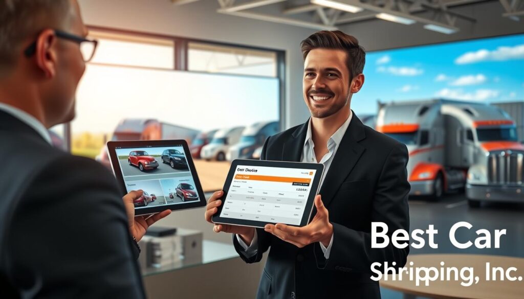 A professional car shipping service setup in Baker, Louisiana, showcasing a modern office space with a welcoming atmosphere. In the foreground, a friendly customer service representative in smart business attire interacts with a client, highlighting a mock-up of an instant quote on a sleek tablet, displaying transparent pricing. The middle ground features a large digital screen showing images of cars being loaded onto transport trucks, emphasizing reliability and efficiency. The background presents a sunny outdoor scene with classic American cars and transport trucks parked under clear blue skies, symbolizing the journey ahead. The lighting is bright and inviting, with a slight focus on the representative's friendly expression, creating a mood of trust and professionalism. The company brand "Best Car Shipping Inc" is subtly integrated into the office decor, promoting a sense of reliability and service.