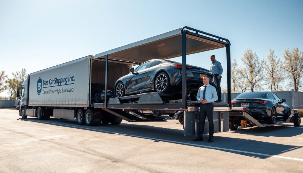 A professional car transport scene featuring a modern car carrier truck, prominently displaying the logo "Best Car Shipping Inc" on its side. The foreground shows the truck parked securely with a sleek sedan being carefully loaded onto the carrier by a friendly employee in business attire. In the middle ground, additional vehicles await transport, with organized spaces suggesting efficiency in auto shipping services. The background reveals a sunny day in Donaldsonville, Louisiana, with clear blue skies and light trees, creating a welcoming atmosphere. Soft sunlight casts gentle shadows, highlighting the professionalism and reliability of the service. The imagery focuses on conveying trust and safety in car transport, with a clean and organized setting showing the logistics of auto transport services available.