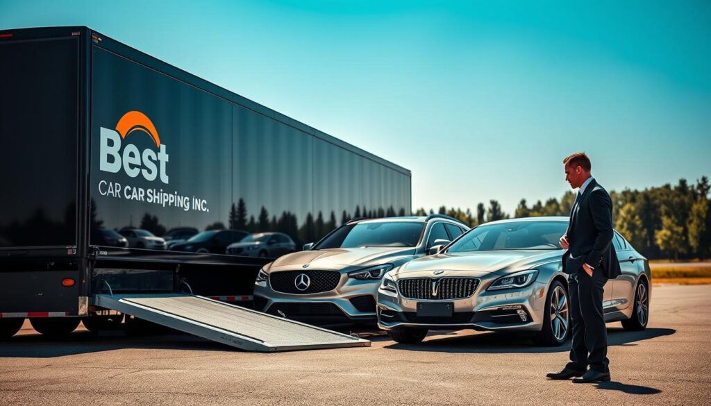 A professional car transport scene featuring a sleek, modern auto transport truck emblazoned with the logo "Best Car Shipping Inc." The truck is parked in a well-lit outdoor setting, showcasing a lineup of cars ready for transport, including luxury sedans and SUVs. In the foreground, a focused and knowledgeable team member in professional business attire inspects the vehicles, conveying reliability and care. The midground features the truck's loading ramp, elegantly angled towards the cars, highlighting the seamless operation of the loading process. In the background, depict a clear blue sky with distant trees lining the horizon, emphasizing a serene and trustworthy atmosphere. Soft, natural lighting bathes the scene, creating a sense of professionalism and dependability in auto transport.