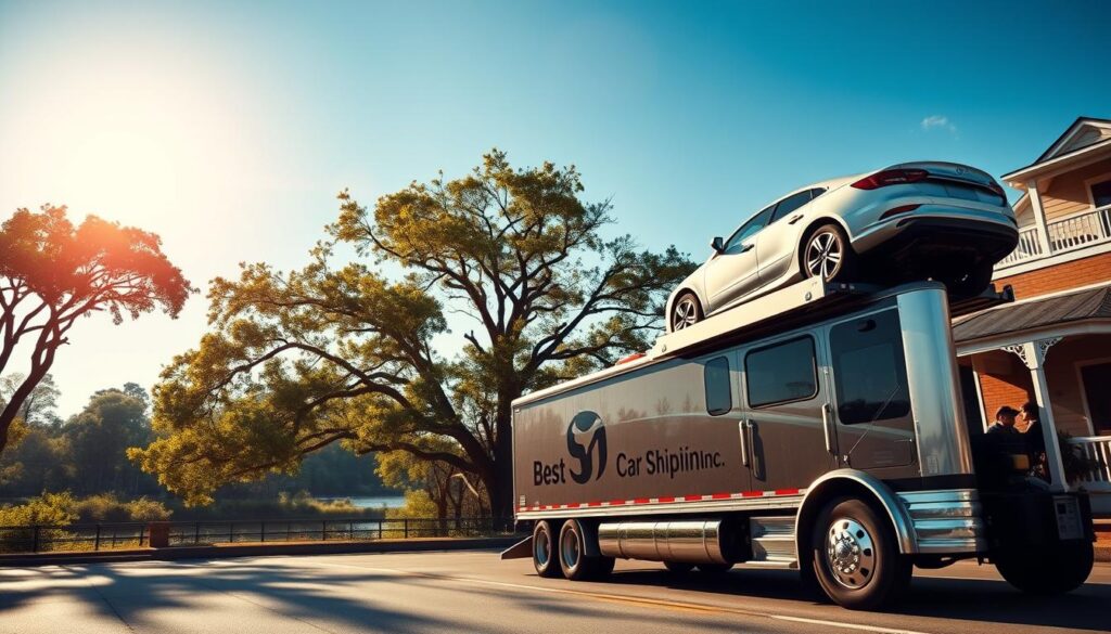 A professional car transport scene in Ferriday, Louisiana, showcasing a sleek truck loaded with cars on a sunny day. In the foreground, the truck displays the brand "Best Car Shipping Inc" prominently. The middle ground features a lush Louisiana landscape, including trees and the Mississippi River, under a bright blue sky. Gentle sunlight casts warm tones, enhancing the vibrant green of the foliage. In the background, traditional Southern architecture is visible, reflecting the local culture. The angle captures a slight upward perspective, emphasizing the height of the truck and the cars above it, creating a sense of movement and reliability in car shipping. The atmosphere is professional and trustworthy, ideal for an auto transport theme. A professional car transport scene in Ferriday, Louisiana, showcasing a sleek truck loaded with cars on a sunny day. In the foreground, the truck displays the brand "Best Car Shipping Inc" prominently. The middle ground features a lush Louisiana landscape, including trees and the Mississippi River, under a bright blue sky. Gentle sunlight casts warm tones, enhancing the vibrant green of the foliage. In the background, traditional Southern architecture is visible, reflecting the local culture. The angle captures a slight upward perspective, emphasizing the height of the truck and the cars above it, creating a sense of movement and reliability in car shipping. The atmosphere is professional and trustworthy, ideal for an auto transport theme.