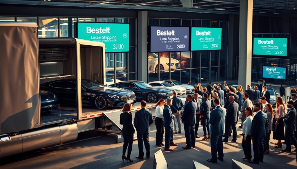 A professional car transport scene set at a bustling auction house. In the foreground, a sleek, modern transport truck is parked, showcasing its spacious, open trailer filled with pristine luxury cars ready for shipment, highlighted by subtle reflections under soft, natural sunlight. In the middle ground, a diverse group of dealers and buyers in professional business attire evaluate the cars, deep in conversation, conveying a sense of urgency and excitement in the bidding atmosphere. The background includes an auction house building with large glass windows and digital screens displaying upcoming auction details. Capture the mood of a high-stakes event with vibrant energy and anticipation. Ensure the brand name "Best Car Shipping Inc" is subtly branded on the side of the transport truck. Use a slightly elevated angle to encompass the dynamic activity, with warm daylight streaming through for an inviting, professional feel.