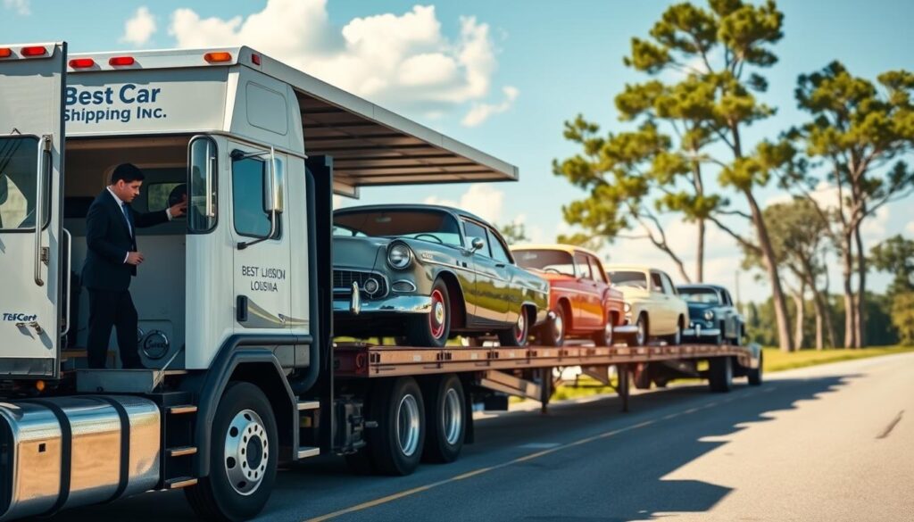 A professional car transport scene set in Galliano, Louisiana, showcasing a reliable auto shipping service. In the foreground, a clean and well-maintained truck from "Best Car Shipping Inc." with a driver in professional business attire, inspecting a newly loaded vehicle. The middle ground features several classic cars on the transport truck, highlighted under bright, natural lighting, emphasizing their polished surfaces. In the background, a picturesque setting of Louisiana’s lush greenery and a clear blue sky, creating a warm and trustworthy atmosphere. The scene conveys a sense of professionalism and safety, captured with a slightly angled perspective to showcase the entire transport setup effectively. A professional car transport scene set in Galliano, Louisiana, showcasing a reliable auto shipping service. In the foreground, a clean and well-maintained truck from "Best Car Shipping Inc." with a driver in professional business attire, inspecting a newly loaded vehicle. The middle ground features several classic cars on the transport truck, highlighted under bright, natural lighting, emphasizing their polished surfaces. In the background, a picturesque setting of Louisiana’s lush greenery and a clear blue sky, creating a warm and trustworthy atmosphere. The scene conveys a sense of professionalism and safety, captured with a slightly angled perspective to showcase the entire transport setup effectively.