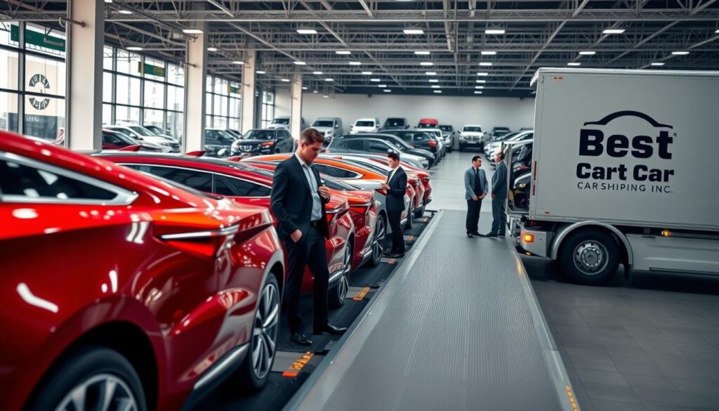 A professional car transport scene showcasing a dealer-to-dealer shipping operation, featuring a sleek, modern car carrier truck parked beside a dealership. In the foreground, neatly aligned cars ready for transport gleam in vibrant colors, showcasing the quality of vehicles being shipped. In the middle ground, a business professional in smart attire inspects the transport logistics, while another person discusses with the truck driver. The background features a bustling dealership with cars in various showroom settings, bathed in soft morning light, giving a sense of clarity and professionalism. The overall mood is efficient and business-like, perfectly encapsulating the cost and care involved in shipping vehicles. Include the logo of "Best Car Shipping Inc" visibly but unobtrusively on the side of the truck.
