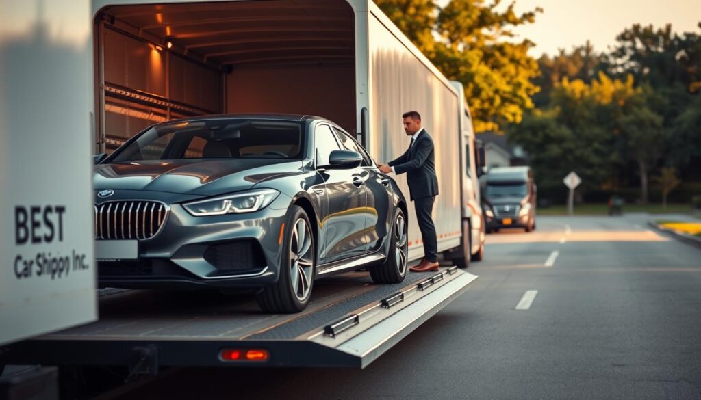 A professional car transport scene showcasing an auto transport service branded with "Best Car Shipping Inc". In the foreground, a sleek, well-maintained car is being loaded onto a spacious, modern car carrier truck. The driver, dressed in a smart uniform, is guiding the process with meticulous attention. The middle ground features the car carrier truck in action, positioned on a busy road in Oakdale, Louisiana, with lush greenery and residential homes in the background. The lighting is warm and inviting, suggesting late afternoon, casting soft shadows. Capture the atmosphere of a successful and reliable auto transport service, emphasizing professionalism and efficiency. The view is slightly angled to give depth, while maintaining a clear focus on the car and the transport service.
