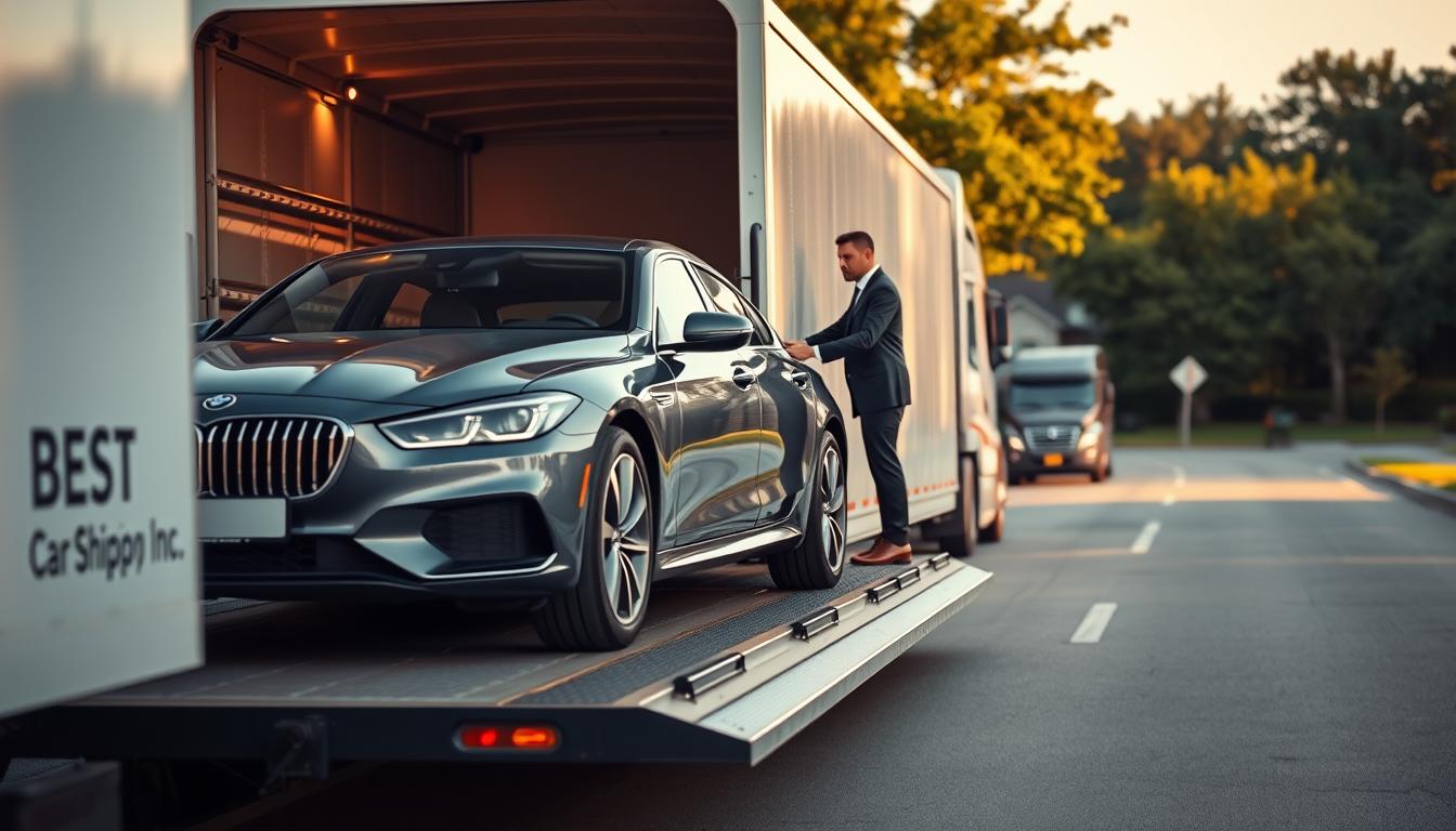 A professional car transport scene showcasing an auto transport service branded with "Best Car Shipping Inc". In the foreground, a sleek, well-maintained car is being loaded onto a spacious, modern car carrier truck. The driver, dressed in a smart uniform, is guiding the process with meticulous attention. The middle ground features the car carrier truck in action, positioned on a busy road in Oakdale, Louisiana, with lush greenery and residential homes in the background. The lighting is warm and inviting, suggesting late afternoon, casting soft shadows. Capture the atmosphere of a successful and reliable auto transport service, emphasizing professionalism and efficiency. The view is slightly angled to give depth, while maintaining a clear focus on the car and the transport service.