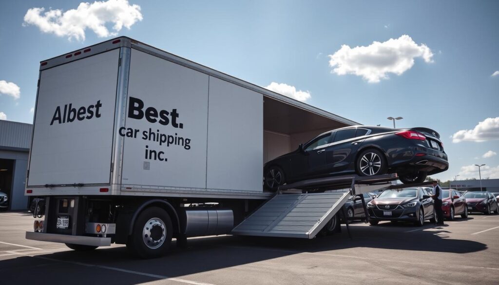 A professional car transport scene showing a large, well-maintained enclosed car transport truck branded with "Best Car Shipping Inc." in the foreground. The truck is parked in a well-lit dealership lot, with a shiny new car being carefully loaded onto the carrier by a uniformed worker in professional attire. The middle ground features other dealership cars, with bright colors reflecting the sunlight, enhancing the sense of a busy day. In the background, a clear blue sky with a few fluffy clouds sets a cheerful, optimistic tone. The overall atmosphere is efficient and professional, emphasizing the importance of choosing to ship a car rather than driving it home, showcasing a smooth, hassle-free transport experience.