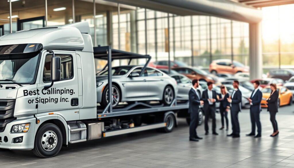A professional car transporter truck labeled "Best Car Shipping Inc" is parked outside a modern car dealership. In the foreground, the truck displays a few cars securely loaded on its multi-level transporter. In the middle, a group of dealership employees in professional attire, including suits and business casual wear, are engaged in conversation, inspecting the vehicles and discussing transport options. The background features a shiny, well-lit showroom filled with a variety of colorful cars, highlighting the dealership's extensive inventory. The scene is illuminated by soft daylight, creating a welcoming and efficient atmosphere, with a slight tilt-shift effect to emphasize the focus on the transport truck and the interactions at the dealership.