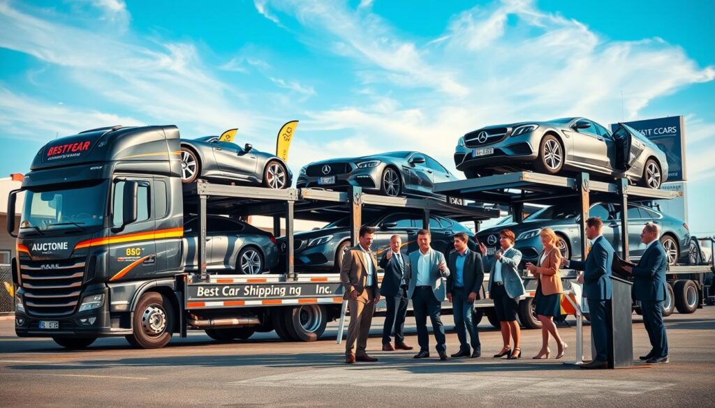 A professional delivery scene featuring a transport truck from "Best Car Shipping Inc" in the foreground, loaded with various auction cars securely strapped down. The truck is parked at an auction site with vibrant banners and a visible auctioneer podium nearby. In the middle ground, diverse individuals in business attire are inspecting the cars, discussing bids, and pointing excitedly. The background showcases a clear blue sky with wispy clouds, hinting at a bright and optimistic atmosphere. Soft, natural lighting illuminates the scene, creating a welcoming feel. Capture this from a slightly elevated angle to encompass the interaction between the people and the vehicles, emphasizing the reliability and efficiency of the auction car shipping process.