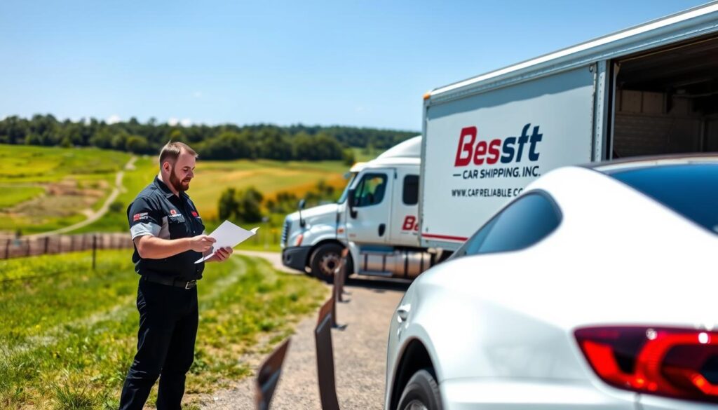 A professional, door-to-door vehicle pickup and delivery scene in Hodgenville, Kentucky. In the foreground, a well-dressed delivery driver in a branded uniform from "Best Car Shipping Inc" is carefully inspecting a white sedan, preparing it for transport. In the middle, a clean, reliable delivery truck with the company’s logo is parked nearby, ready for loading. The background features picturesque Kentucky countryside, with lush green fields and a clear blue sky that convey a sense of trust and reliability. The lighting is bright and sunny, creating a positive atmosphere. Capture the scene from a slightly elevated angle, emphasizing the interaction between the driver and the vehicle, while maintaining a focus on professionalism and safety in auto transport services.