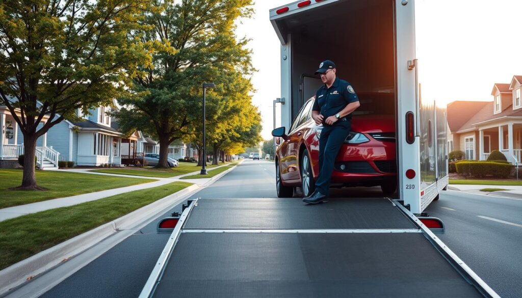 A professional, door-to-door vehicle transport scene set in Morehead, Kentucky. In the foreground, a shiny red car is being carefully loaded onto an open transport trailer by a uniformed driver from Best Car Shipping Inc, showcasing expertise and reliability. The middle ground features a well-maintained suburban street with green trees lining the road, embodying a friendly atmosphere. In the background, a quaint neighborhood with charming houses adds a sense of community. The lighting is soft and warm, simulating late afternoon sunshine that casts gentle shadows. The shot is captured from a low angle, emphasizing the vehicle and transport process while giving a professional and trustworthy feel to the image. The scene conveys efficiency, warmth, and commitment to quality auto shipping services.