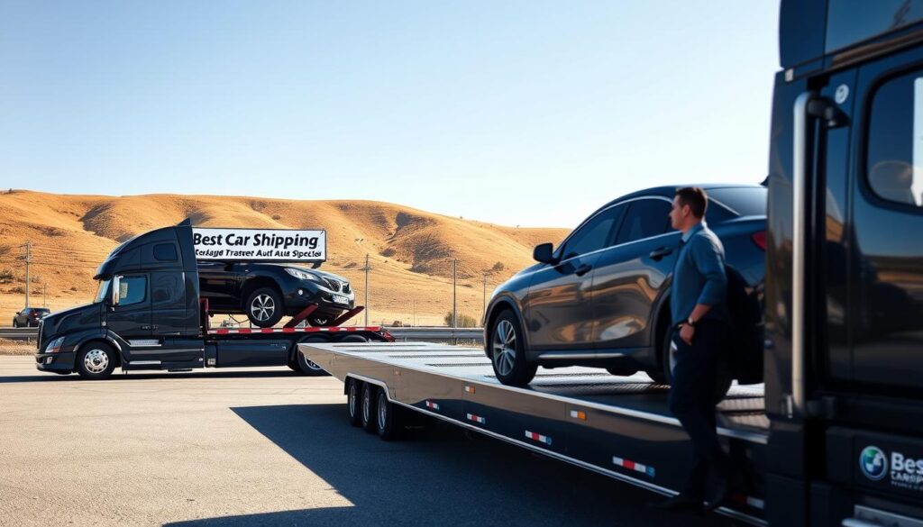 A professional image depicting trusted auto transport services in Sturgis, Kentucky. In the foreground, a sleek, modern car transport truck bearing the logo "Best Car Shipping Inc" is parked, showcasing its robust design and a shiny, reliable fleet of vehicles ready for shipment. In the middle ground, a friendly, business-attired driver stands beside the truck, discussing details with a satisfied vehicle owner. In the background, the scenic landscape of Sturgis is visible, featuring rolling hills and clear blue skies that evoke a sense of reliability and professionalism. The lighting is bright and inviting, capturing a warm, daytime atmosphere with soft shadows that enhance the clean, trustworthy vibe of the scene. The angle is slightly elevated, providing a comprehensive view of the entire setup, conveying efficiency and trustworthiness in vehicle transportation.