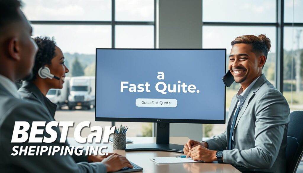 A professional, modern office environment showcasing the concept of "Get a Fast Quote" for car shipping in Cloverport, Kentucky. In the foreground, a friendly, diverse customer service representative in professional business attire is engaged in a conversation with a client over the phone, smiling as they take notes. In the middle, a sleek, futuristic computer screen displays a clean, user-friendly interface with a prominent "Get a Fast Quote" button. The background features a large window with a view of Cloverport's landscape, including car transport vehicles and greenery. Bright, natural lighting streams in, creating an inviting atmosphere. The overall mood is professional yet approachable. Include the brand name "Best Car Shipping Inc" subtly integrated into the office decor without dominating the scene.