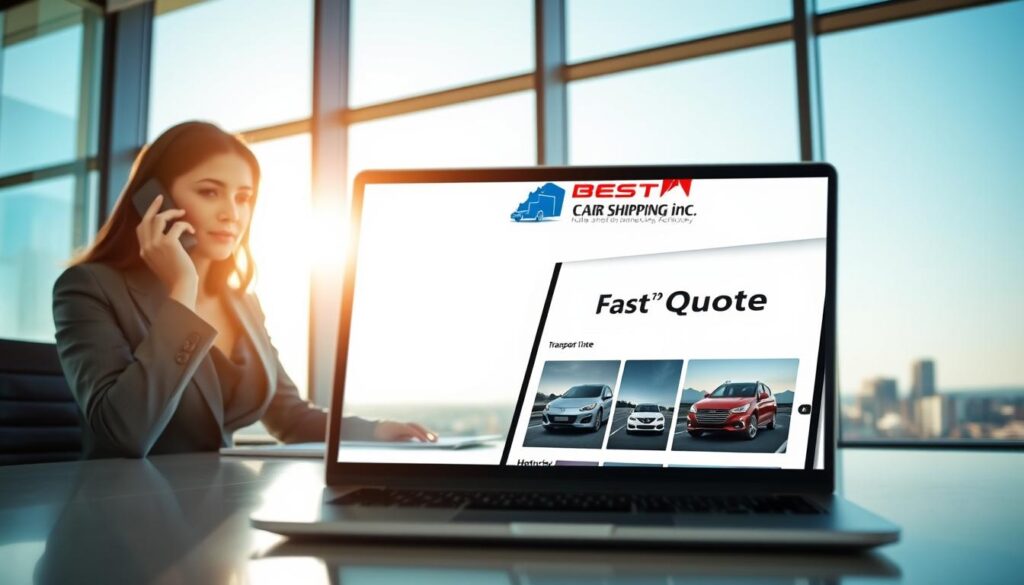 A professional, modern office setting showcasing a sleek desk with a laptop displaying a car transport quote. In the foreground, a confident woman in business attire is engaged in a phone conversation, her expression focused and attentive. In the middle, a clear view of the laptop screen shows images of cars and transport logistics, emphasizing the "Get a Fast Quote" feature. In the background, a large window provides a glimpse of Hanson, Kentucky's skyline, with clear skies and soft sunlight streaming in, creating a warm and inviting atmosphere. The logo of "Best Car Shipping Inc" is subtly integrated into the laptop’s screen display. The overall mood is professional, optimistic, and efficient, perfect for conveying reliable auto transport services. A professional, modern office setting showcasing a sleek desk with a laptop displaying a car transport quote. In the foreground, a confident woman in business attire is engaged in a phone conversation, her expression focused and attentive. In the middle, a clear view of the laptop screen shows images of cars and transport logistics, emphasizing the "Get a Fast Quote" feature. In the background, a large window provides a glimpse of Hanson, Kentucky's skyline, with clear skies and soft sunlight streaming in, creating a warm and inviting atmosphere. The logo of "Best Car Shipping Inc" is subtly integrated into the laptop’s screen display. The overall mood is professional, optimistic, and efficient, perfect for conveying reliable auto transport services.