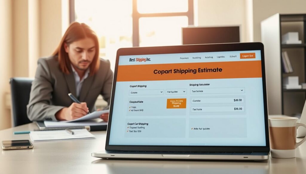 A professional office environment showcasing the process of obtaining a copart shipping estimate. In the foreground, a sleek laptop displays the website for "Best Car Shipping Inc," highlighting an easy-to-navigate shipping estimate calculator. A businessperson in modest casual attire studies the screen, jotting down notes on a notepad. The middle layer includes a well-organized desk with automotive shipping documents, a smartphone, and a cup of coffee. The background features a bright window with natural light streaming in, casting a warm glow over the scene. The overall atmosphere is focused, efficient, and modern, conveying the ease and affordability of finding a shipping quote. Use a wide-angle lens to capture the entire setting while maintaining clarity and detail.