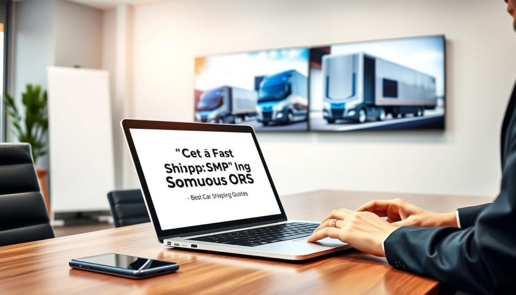 A professional office setting showcasing a well-organized workspace dedicated to car shipping quotes. In the foreground, a sleek, modern desk is adorned with a laptop displaying the "Get a Fast Quote" feature for 'Best Car Shipping Inc', alongside a stylish mobile phone. A close-up of someone in smart business attire (a suit and tie or a professional blouse) is typing on the laptop, showing intent and efficiency. In the middle, there's a wall-mounted display featuring images of cars being loaded onto transport trucks, highlighting professionalism and reliability. The background features a bright window revealing sunny weather, suggesting a welcoming atmosphere. Soft, natural lighting floods the space, creating a warm and inviting mood, emphasizing trust and competence in auto transport services.