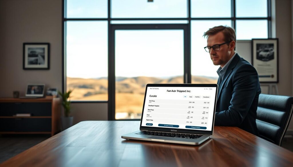 A professional office setting with a sleek wooden desk in the foreground, showcasing a laptop displaying a fast auto transport quote from "Best Car Shipping Inc". A business professional, dressed in a smart casual outfit, is reviewing the quote with a focused expression. In the middle ground, a large window reveals a scenic view of Independence, Kentucky, with rolling hills and a clear blue sky. The background features a modern office space with subtle automotive-themed decor, like framed pictures of vehicles and transport logistics maps. Soft, natural daylight streams through the window, creating a bright and inviting atmosphere. The image conveys efficiency and professionalism, reflecting trust in auto transport services.