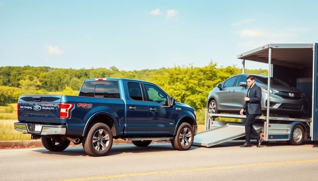 A professional pickup and delivery scene showcasing car shipping in Ghent, Kentucky. In the foreground, a glossy blue pickup truck with the "Best Car Shipping Inc" logo prominently displayed on the side, parked near an auto transport trailer. In the middle ground, a friendly delivery driver in smart business attire is inspecting a vehicle loaded onto the transport truck. In the background, a picturesque view of Ghent’s serene landscape, featuring green trees and a clear blue sky, suggests a calm, reliable atmosphere. The lighting is warm and bright, evoking a sense of trust and professionalism. Capture the scene from a slightly elevated angle to emphasize the vehicle and the delivery process, ensuring it feels inviting and dependable.
