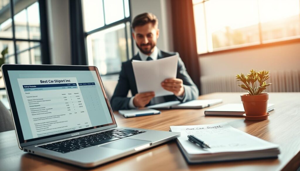 A professional scene depicting a car transport quote in a modern office environment. In the foreground, a neatly arranged desk features a laptop displaying a detailed auto transport quote from "Best Car Shipping Inc." Nearby, a notepad with handwritten notes and a pen sits beside a small potted plant. In the middle, a focused individual in business attire reviews the quote, showcasing a mix of concentration and satisfaction. The background reveals a large window with natural daylight streaming in, casting soft shadows that create a warm and inviting atmosphere. Bright, neutral colors and minimalistic décor enhance the professionalism of the setting. The angle is slightly above eye level, giving a clear view of the desk setup while maintaining a depth of field that keeps the focus on the quote and the individual’s engagement.