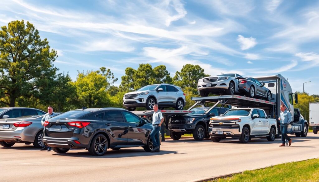 A professional scene depicting a vehicle shipping service by Best Car Shipping Inc in Vidalia, Louisiana. In the foreground, there are a few diverse vehicles, including sedans, SUVs, and trucks, being carefully loaded onto a large car carrier truck. The workers, dressed in smart uniforms, demonstrate organization and skill. The middle ground showcases the sturdy car carrier, painted in the company’s logo, with ramps extended and vehicles securely strapped down. The background features a sunny, clear sky with wispy clouds and lush green trees typical of Louisiana’s landscape. Soft lighting highlights the professionalism of the service and creates a welcoming atmosphere, emphasizing trust and reliability in car shipping services. The perspective is slightly angled to show the depth of the operation effectively.