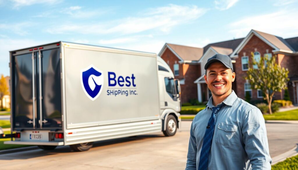 A professional scene depicting door-to-door car shipping in Duson, Louisiana. In the foreground, a cheerful delivery driver in neat business attire stands next to a gleaming, well-maintained transport truck with the logo "Best Car Shipping Inc" prominently displayed on its side. The middle ground features a classic suburban neighborhood with brick houses and lush green lawns, emphasizing a friendly community atmosphere. The background shows a clear blue sky with soft, natural lighting, suggesting a warm sunny day. The overall mood is professional yet approachable, conveying reliability and care in the car shipping process, perfect for illustrating the concept of auto transport services.