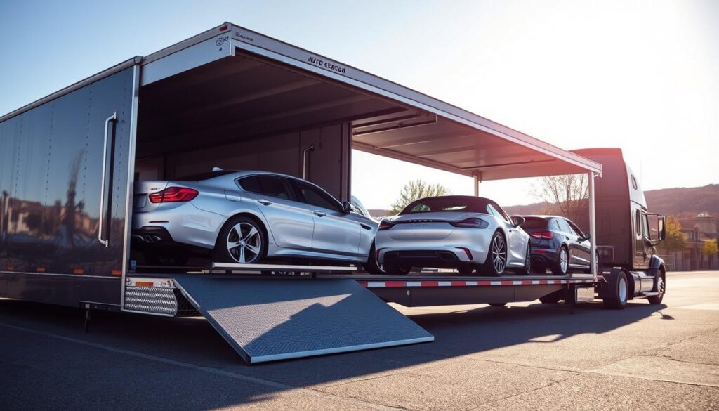 A professional scene depicting the trusted auto transport services of "Best Car Shipping Inc" in Princeton, Kentucky. In the foreground, a sleek, modern car carrier truck is loading a luxury sedan, showcasing the care and professionalism of the service. The middle ground features a well-organized transport yard with additional vehicles ready for shipping, all under a clear blue sky. In the background, the picturesque scenery of Princeton, KY, including trees and a glimpse of downtown, adds local charm to the image. Soft sunlight creates a warm and inviting atmosphere, emphasizing reliability and trust in auto transport. Capture this scene with a dynamic angle to highlight the truck’s loading action, while maintaining a clean and professional aesthetic. No people are present to ensure the focus remains on the vehicles and services.