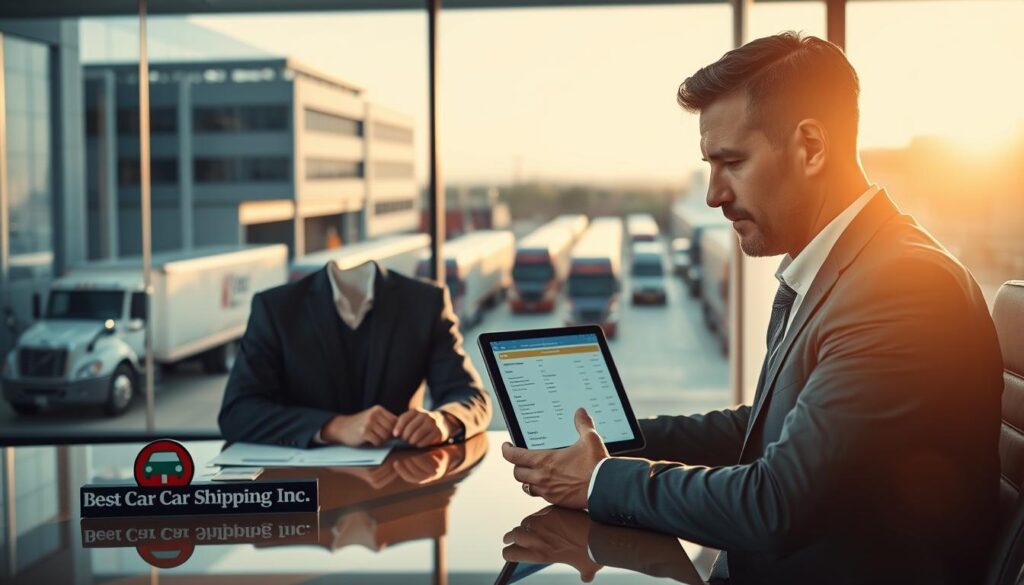 A professional scene showcasing a sleek, modern office workspace dedicated to auto transport services. In the foreground, a well-dressed business consultant sits at a polished desk, reviewing a digital tablet displaying a quote for car shipping. The consultant, a middle-aged Caucasian male in a tailored suit, exudes confidence and expertise. In the middle ground, a large transparent glass window reveals a view of a bustling streetscape in Reeves, Louisiana, with transport trucks and cars ready for shipping. The lighting is bright and inviting, with sunlight streaming in, creating a warm atmosphere of efficiency and reliability. The company's logo, "Best Car Shipping Inc," is subtly displayed on the desk. The overall mood is professional, reflecting a commitment to fast quotes and transparent pricing.