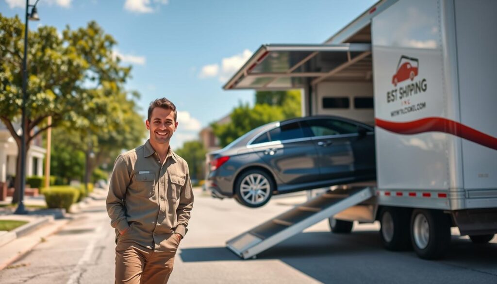 A professional service scene showcasing "Best Car Shipping Inc" in Opelousas, Louisiana, highlighting door-to-door vehicle service. In the foreground, a friendly technician dressed in modest professional attire prepares to load a stylish sedan onto a modern transport truck. The middle ground features the sleek vehicle with the company logo prominently displayed, demonstrating reliability and efficiency. The background displays a sunny Louisiana street lined with lush trees and charming homes, evoking a warm community atmosphere. The lighting is bright and cheerful, capturing the essence of a calm afternoon. The angle should be slightly elevated, providing a clear view of the action while emphasizing the professionalism of the service being offered. The overall mood is one of trust, expertise, and customer dedication in car shipping and auto transport.