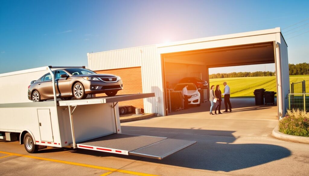 A professional setting showcasing "Best Car Shipping Inc" in action. In the foreground, a clean and well-organized auto transport truck is parked, with a couple of vehicles securely loaded on it, including a sedan and an SUV. The middle ground features a warehouse with employees in professional attire, efficiently discussing logistics and managing paperwork, reflecting a busy yet organized environment. The background shows the rural landscape of Church Point, Louisiana, with a clear blue sky and lush greenery. The scene is illuminated by warm, natural sunlight casting soft shadows, creating an inviting atmosphere. The angle is slightly elevated, focusing on the transport truck and the engaged staff, capturing the essence of expert car shipping services.