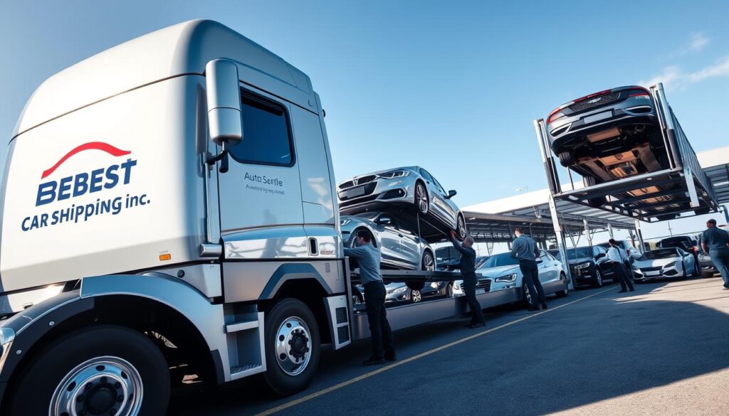A professional setting showcasing a fleet of vehicles being loaded onto a modern auto transport truck by skilled workers in business attire. The foreground features a shiny, new truck with the logo "Best Car Shipping Inc." prominently displayed. In the middle, a diverse team of people, dressed in professional clothing, carefully securing cars to the transport trailer, conveying a sense of safety and professionalism. The background shows an organized car dealership with rows of vehicles ready for shipment under clear blue skies. Soft natural lighting enhances the scene, creating a trustworthy and efficient atmosphere. The angle is slightly low to focus on the action and emphasize the scale of the transport operation, while the overall mood conveys reliability and affordability in vehicle shipping. A professional setting showcasing a fleet of vehicles being loaded onto a modern auto transport truck by skilled workers in business attire. The foreground features a shiny, new truck with the logo "Best Car Shipping Inc." prominently displayed. In the middle, a diverse team of people, dressed in professional clothing, carefully securing cars to the transport trailer, conveying a sense of safety and professionalism. The background shows an organized car dealership with rows of vehicles ready for shipment under clear blue skies. Soft natural lighting enhances the scene, creating a trustworthy and efficient atmosphere. The angle is slightly low to focus on the action and emphasize the scale of the transport operation, while the overall mood conveys reliability and affordability in vehicle shipping.