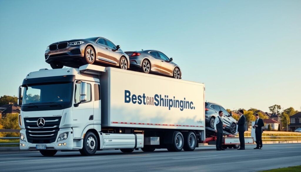 A professional setting showcasing auto transport services, featuring a sleek, modern car carrier truck in the foreground, loaded with various vehicles, including sedans and SUVs. The middle ground displays a bustling auto transport facility, with workers in professional business attire coordinating logistics and handling paperwork. In the background, depict a clear blue sky over a recognizable Denham Springs landscape, incorporating local landmarks like trees and suburban homes. The lighting is bright and natural, creating a welcoming atmosphere that conveys reliability and efficiency. Incorporate the brand name "Best Car Shipping Inc" prominently on the truck. Aim for a clean and organized composition, focusing on trustworthiness and professionalism in the auto transport industry.