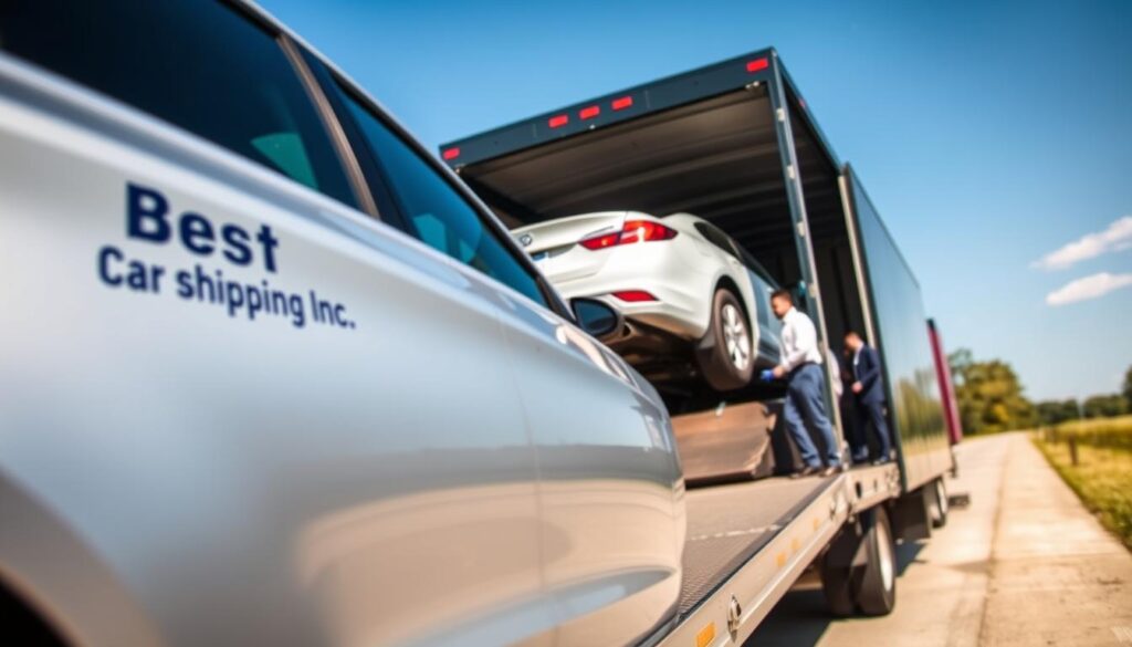 A professional setting showcasing car shipping in Youngsville, Louisiana. In the foreground, a shiny, modern car being loaded onto a transport truck with the logo "Best Car Shipping Inc" prominently displayed on the side. The middle ground features a few workers in professional attire, efficiently coordinating the loading process, ensuring a smooth operation. The background shows a clear blue sky and a hint of Louisiana's lush greenery, emphasizing the regional feel. The lighting is bright and natural, creating an optimistic and trustworthy atmosphere. The angle is slightly elevated, capturing the entire scene in detail while conveying a sense of professionalism and reliability in auto transport services.