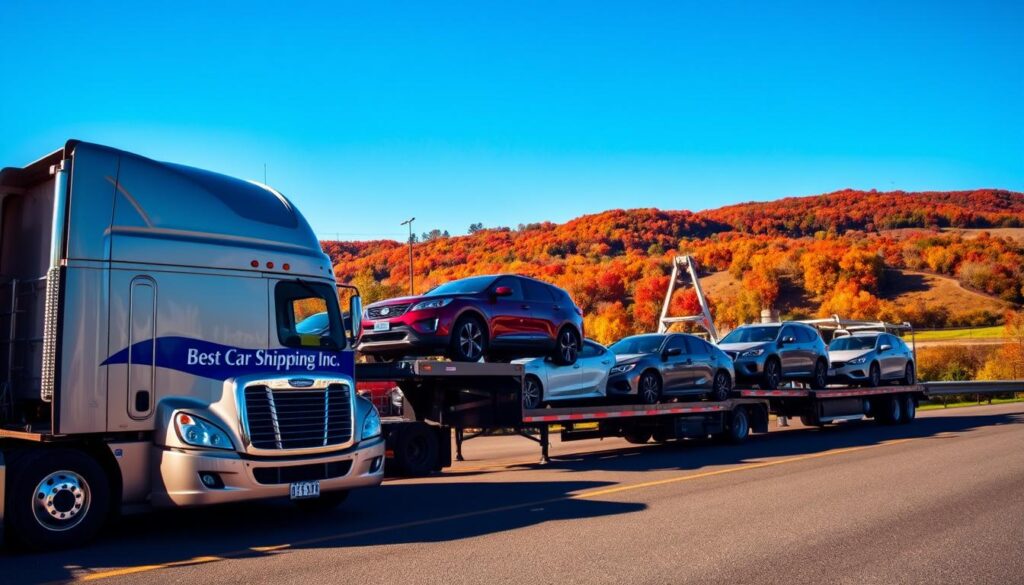 A professional truck with the branding of "Best Car Shipping Inc" is parked prominently in the foreground, showcasing a gleaming metallic finish that reflects sunlight. The middle ground features several vehicles being carefully loaded onto an auto transport trailer, indicating a trusted service with expert precision. The backdrop showcases the scenic landscapes of Paintsville, Kentucky, with rolling hills and vibrant autumn foliage under a clear blue sky, emphasizing a sense of reliability and connection to the local area. The mood is warm and inviting, fostering trust and professionalism. Capture this scene with a soft focus effect, bright lighting to enhance the colors, and a slightly elevated angle to convey the scale of the operation. The overall atmosphere should evoke a sense of dependability and care in auto transport services.