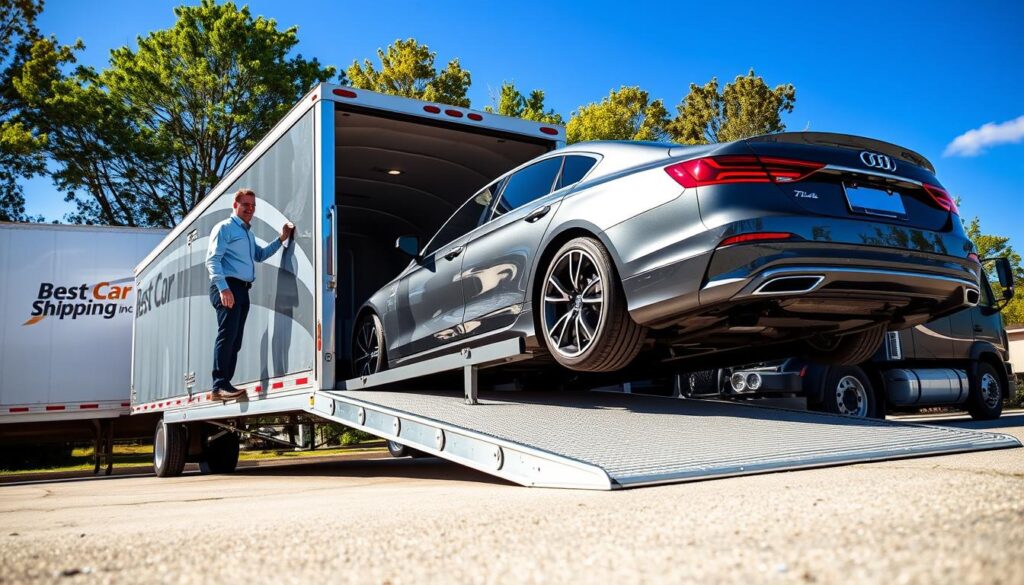 A professional vehicle delivery scene showcasing a sleek, modern car being loaded onto a transport truck marked with "Best Car Shipping Inc." In the foreground, a friendly driver in professional attire carefully guides the vehicle onto the ramp. The middle ground features the transport truck, with its shiny metallic surface reflecting the sunlight, parked against a backdrop of green trees typical of Erlanger, Kentucky. In the background, a clear blue sky casts bright, natural lighting over the scene, emphasizing a sense of trust and reliability. The atmosphere is calm and professional, conveying the essence of trusted vehicle shipping services. Capture this moment from a slightly elevated angle to provide a comprehensive view of the loading process, enhancing the focus on safety and care in vehicle transport. A professional vehicle delivery scene showcasing a sleek, modern car being loaded onto a transport truck marked with "Best Car Shipping Inc." In the foreground, a friendly driver in professional attire carefully guides the vehicle onto the ramp. The middle ground features the transport truck, with its shiny metallic surface reflecting the sunlight, parked against a backdrop of green trees typical of Erlanger, Kentucky. In the background, a clear blue sky casts bright, natural lighting over the scene, emphasizing a sense of trust and reliability. The atmosphere is calm and professional, conveying the essence of trusted vehicle shipping services. Capture this moment from a slightly elevated angle to provide a comprehensive view of the loading process, enhancing the focus on safety and care in vehicle transport.