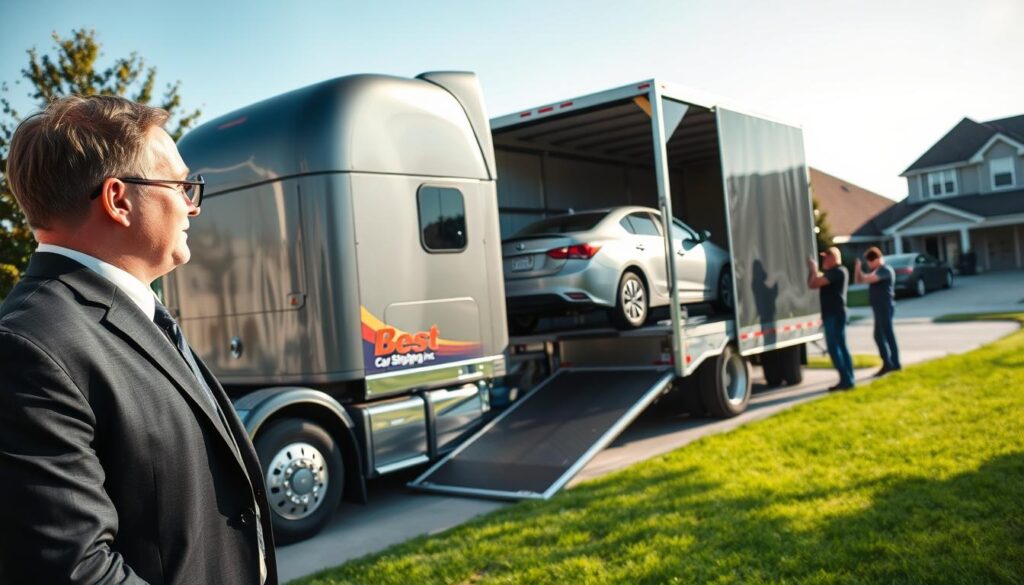 A professional vehicle pickup scene showcasing door-to-door car shipping in Carencro, Louisiana. In the foreground, a friendly car shipping manager in professional attire discusses logistics with a customer beside a shiny, well-maintained transport truck branded with "Best Car Shipping Inc." In the middle ground, two additional staff members carefully secure a vehicle onto the truck, highlighting the meticulous care taken during the loading process. The background features a suburban neighborhood typical of Carencro, with green lawns and a clear sky. The scene is well-lit, suggesting midday sun, creating a warm and welcoming atmosphere. Capture this moment from a slightly elevated angle to emphasize the professionalism and efficiency of the process in auto transport.