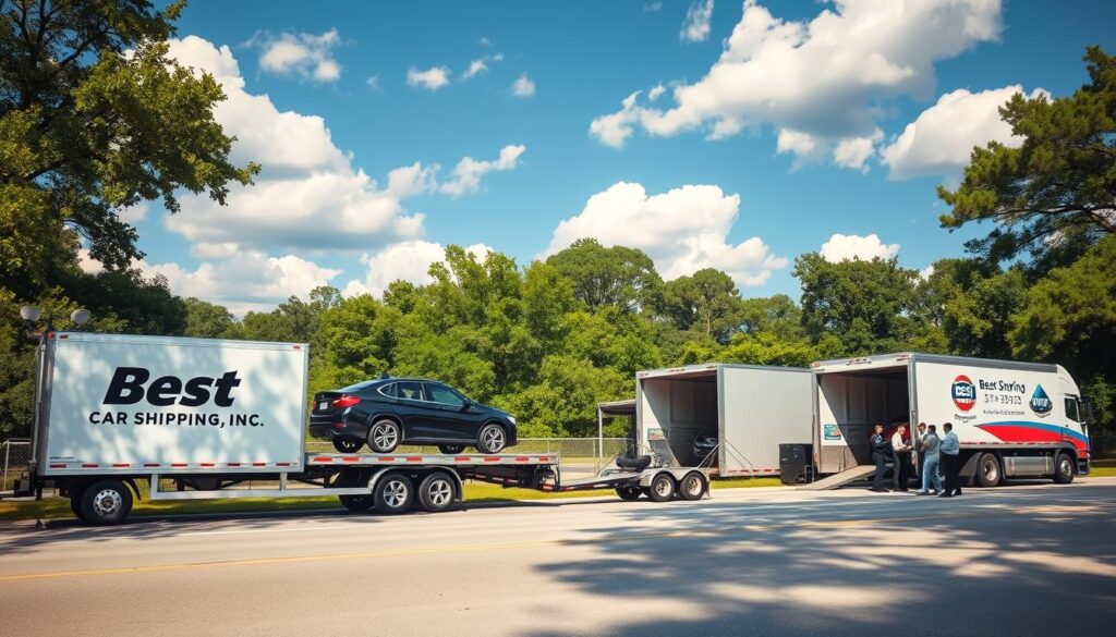 A professional vehicle shipping scene in Elton, Louisiana. In the foreground, a pristine car transport trailer emblazoned with the "Best Car Shipping Inc" logo is parked along a tree-lined road, showcasing securely loaded cars ready for transport. The middle ground features a well-maintained service area with workers dressed in business attire, discussing logistics and ensuring vehicle safety. The background includes lush greenery typical of Louisiana, with a blue sky scattered with fluffy white clouds. The scene is illuminated by warm, natural sunlight, creating a friendly and inviting atmosphere, while a slight tilt-angle perspective emphasizes the scale of the transport trailer against the serene landscape. The overall mood is vibrant and professional, capturing the essence of auto transport services. A professional vehicle shipping scene in Elton, Louisiana. In the foreground, a pristine car transport trailer emblazoned with the "Best Car Shipping Inc" logo is parked along a tree-lined road, showcasing securely loaded cars ready for transport. The middle ground features a well-maintained service area with workers dressed in business attire, discussing logistics and ensuring vehicle safety. The background includes lush greenery typical of Louisiana, with a blue sky scattered with fluffy white clouds. The scene is illuminated by warm, natural sunlight, creating a friendly and inviting atmosphere, while a slight tilt-angle perspective emphasizes the scale of the transport trailer against the serene landscape. The overall mood is vibrant and professional, capturing the essence of auto transport services.