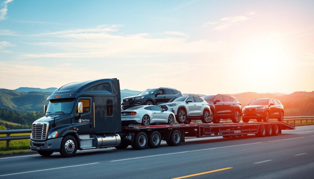 A professional vehicle shipping scene showcasing "Best Car Shipping Inc" as the central focus. In the foreground, a well-maintained transport truck customized for vehicle shipping, prominently displaying the company logo. In the middle ground, several vehicles securely loaded onto the truck, reflecting diverse makes and models, including SUVs and sedans. The background features a scenic view of Lewisburg, Kentucky, with rolling hills and lush greenery under a bright blue sky, creating an inviting atmosphere. Soft, natural lighting enhances the colors and contrasts, emphasizing the reliability and professionalism of the service. The angle should capture the breadth of the operation, with a slight tilt to add depth, evoking trust and confidence in the vehicle shipping process for local drivers and relocations.