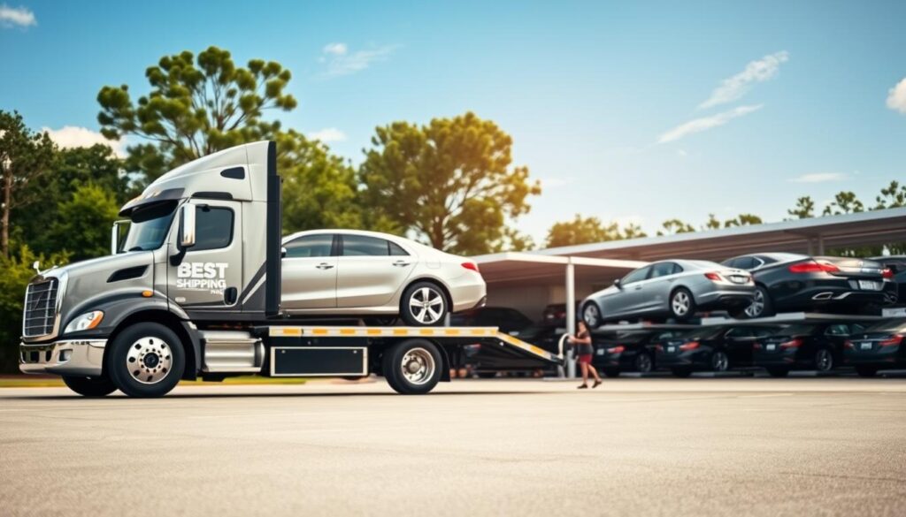A professional vehicle shipping service scene set in Sulphur, Louisiana. In the foreground, a sleek, modern transport truck, branded with "Best Car Shipping Inc," is loading a shiny sedan onto a flatbed. The middle ground features a well-organized vehicle storage area, showcasing multiple cars ready for shipment, set against a backdrop of lush Louisiana greenery. In the background, a clear blue sky with soft, natural lighting enhances the scene's optimism and reliability. The angle captures the dynamic action of loading, emphasizing professionalism and trust. The mood is confident and inviting, reflecting a dependable service for local drivers.