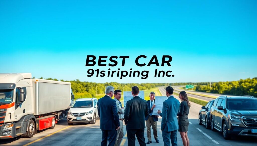 A professional vehicle transport planning scene in Donaldsonville, Louisiana. In the foreground, a well-organized auto transport facility with several carriers loading cars, showcasing a mix of modern trucks and vehicles in pristine condition. In the middle, a detailed planning area with charts, maps, and logistics displays, where a diverse group of professionals in business attire collaborate, discussing strategies for reliable car shipping. The background features a clear blue sky, hinting at the vibrant Louisiana landscape, with lush green trees and a distant highway leading towards the horizon. The lighting is bright and natural, enhancing the professionalism of the scene. The logo “Best Car Shipping Inc” is subtly integrated into the transport facility sign. The atmosphere is focused, efficient, and collaborative.