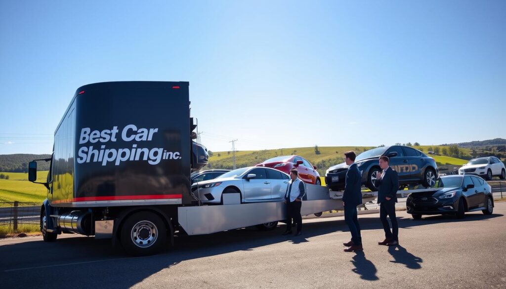 A professional vehicle transport scene featuring a modern car shipping truck emblazoned with the logo "Best Car Shipping Inc" in the foreground. The truck, loaded with a variety of vehicles like sedans and SUVs, is parked near a transportation hub in Hartford, Kentucky. In the middle ground, a diverse team of two individuals in professional attire is inspecting the vehicles and discussing logistics. The background showcases a clear blue sky, with rolling green hills and the rural infrastructure of Hartford, KY visible. Natural sunlight illuminates the scene, creating a warm and inviting atmosphere, while a slight angle captures the action in a dynamic way. The image conveys expertise and reliability in auto transport services tailored to meet real-world needs.