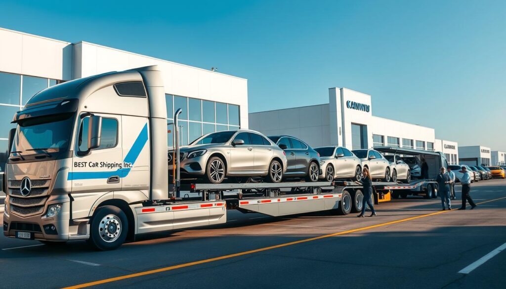A professional vehicle transport scene featuring a sleek, well-maintained car transport truck labeled "Best Car Shipping Inc" in the foreground. The truck is parked in a well-lit dealership lot, with several premium vehicles loaded securely on the trailer. In the middle ground, dealership staff in professional attire are seen carefully inspecting the cars and coordinating with the truck driver, demonstrating a seamless delivery process. In the background, modern dealership buildings and a clear blue sky suggest a day of efficient, damage-free vehicle transport. The lighting is bright and natural, capturing the essence of a productive workday, while the angle is slightly elevated to showcase the organized layout and professionalism of the transport service. The overall mood is one of efficiency, trust, and high-quality service.