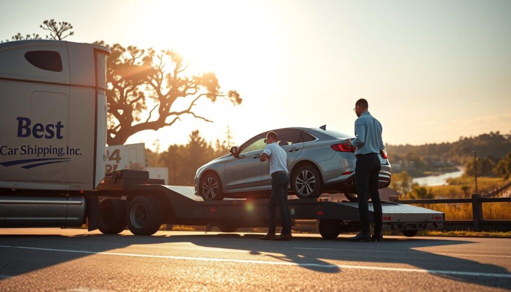 A professional vehicle transport scene in Hahnville, Louisiana, showcasing a dependable car shipping service. In the foreground, a sleek, modern truck with the logo "Best Car Shipping Inc" clearly visible on its side transports a shiny vehicle securely. In the middle ground, a team of two professionals in business attire carefully inspect the vehicle, ensuring it's well-secured for transport. The background features a scenic view of Hahnville, highlighting local landmarks like oak trees and the river, bathed in golden hour sunlight, creating a warm and inviting atmosphere. The angle captures the entire scene from a low perspective, emphasizing the trustworthiness and professionalism of the service. Ideal lighting sets a positive, assurance-filled mood that conveys the reliability of vehicle transport services.