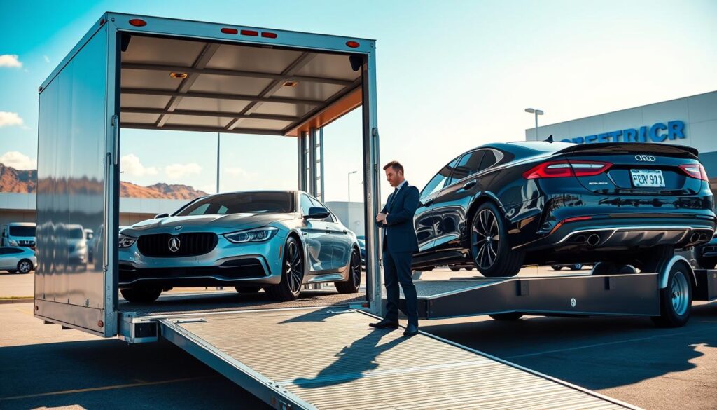 A professionally branded dealer auto transport scene showcasing "Best Car Shipping Inc". In the foreground, a modern, open auto transport trailer with sleek cars securely loaded, ready for shipment. In the middle ground, a well-dressed logistics coordinator inspects the load, ensuring everything is safe and properly secured, exuding an atmosphere of efficiency and attention to detail. The background features a sunny day with a clear blue sky, hinting at a busy auto dealership and distant hills. The lighting is bright and inviting, capturing the essence of a reliable transport service. The angle is slightly elevated, giving a full view of the transport trailer and the nearby dealership, emphasizing the professionalism and speed of the delivery process. A professionally branded dealer auto transport scene showcasing "Best Car Shipping Inc". In the foreground, a modern, open auto transport trailer with sleek cars securely loaded, ready for shipment. In the middle ground, a well-dressed logistics coordinator inspects the load, ensuring everything is safe and properly secured, exuding an atmosphere of efficiency and attention to detail. The background features a sunny day with a clear blue sky, hinting at a busy auto dealership and distant hills. The lighting is bright and inviting, capturing the essence of a reliable transport service. The angle is slightly elevated, giving a full view of the transport trailer and the nearby dealership, emphasizing the professionalism and speed of the delivery process.