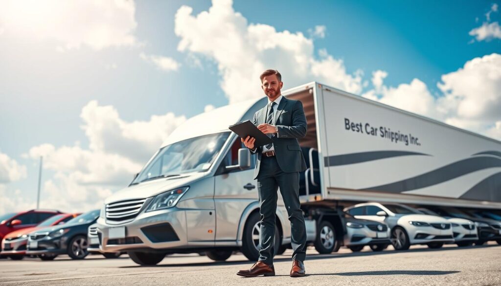 A reliable auto delivery scene showcasing a sleek, modern transport vehicle branded with "Best Car Shipping Inc" parked confidently in the foreground. The vehicle glistens under bright, natural sunlight, reflecting its pristine condition. In the middle ground, a fleet of various cars, both sedans and SUVs, are neatly lined up, ready for shipment. The background features a clear blue sky with fluffy white clouds, symbolizing a hassle-free transport experience. A professional driver in smart business attire stands beside the transport vehicle, holding a clipboard and inspecting the delivery. The atmosphere conveys speed and reliability, emphasizing the peace of mind provided by the transport service. The scene is captured with a wide-angle lens to encompass the scale of the operation, with vibrant colors and sharp details that draw the viewer in.
