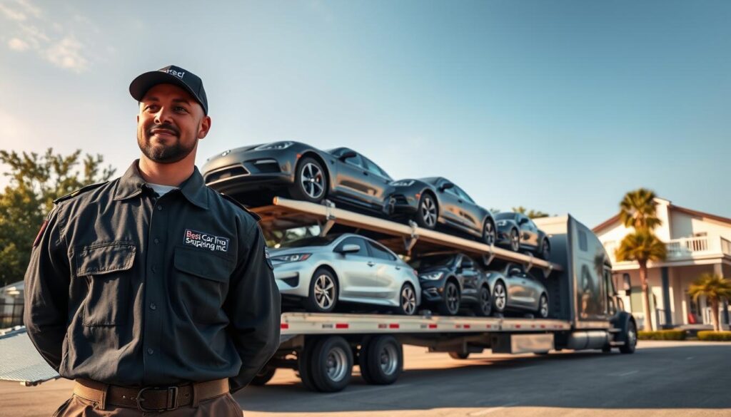 A reliable auto transport scene featuring a diverse array of vehicles being loaded onto an open trailer under a clear blue sky in Slidell, Louisiana. In the foreground, a professional driver in a branded uniform from "Best Car Shipping Inc" ensures a safe loading process. The middle ground showcases a large, shiny transport truck with multiple cars securely fastened onto the trailer, representing the efficiency and care of the service. In the background, lush Southern greenery and classic Louisiana architecture reflect the local charm. Soft, natural lighting illuminates the scene, with a slight angle from the left to create depth. The mood conveys trust, reliability, and professionalism in auto transport, ideal for potential customers seeking car shipping solutions. A reliable auto transport scene featuring a diverse array of vehicles being loaded onto an open trailer under a clear blue sky in Slidell, Louisiana. In the foreground, a professional driver in a branded uniform from "Best Car Shipping Inc" ensures a safe loading process. The middle ground showcases a large, shiny transport truck with multiple cars securely fastened onto the trailer, representing the efficiency and care of the service. In the background, lush Southern greenery and classic Louisiana architecture reflect the local charm. Soft, natural lighting illuminates the scene, with a slight angle from the left to create depth. The mood conveys trust, reliability, and professionalism in auto transport, ideal for potential customers seeking car shipping solutions.