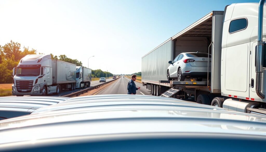 A reliable auto transport scene in Elkton, Kentucky, showcasing a fleet of delivery trucks from "Best Car Shipping Inc" in the foreground, parked neatly. In the middle ground, a professional driver, dressed in a branded uniform, carefully inspects a car being loaded onto a truck using a hydraulic lift. The setting is bright and sunny, with clear blue skies and soft lighting that enhances the colors of the vehicles. In the background, you can see a well-maintained roadway lined with greenery, indicating a safe and peaceful transport environment. The atmosphere conveys trust and professionalism, emphasizing the commitment to safe and on-time vehicle delivery. The angle is slightly elevated, capturing the entire scene for clarity and focus on the company’s dedication to quality service.