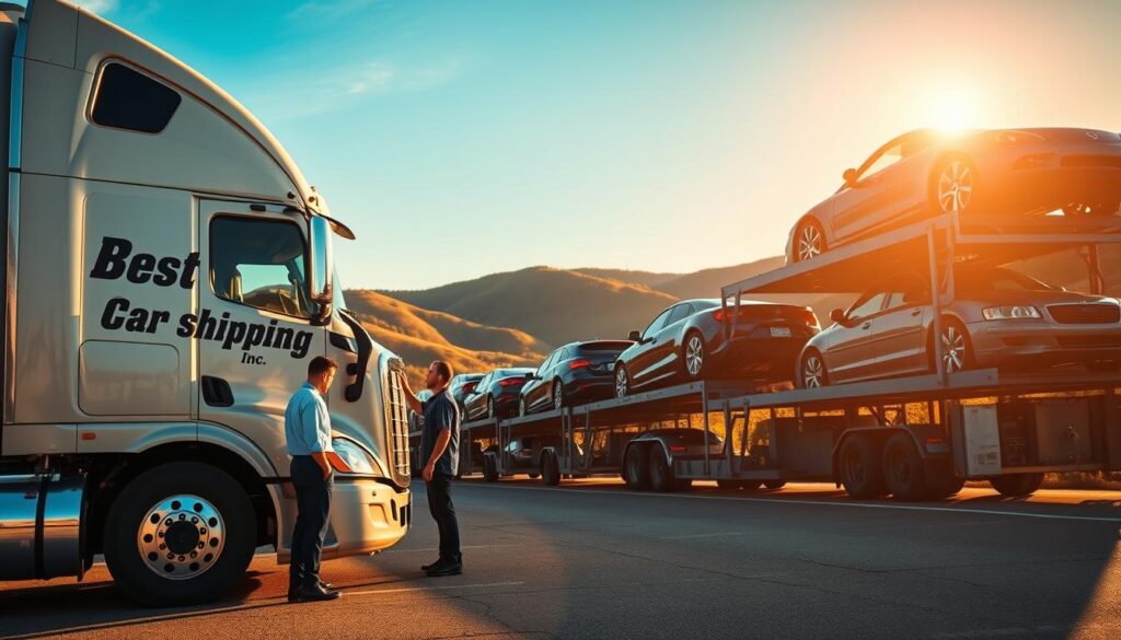 A reliable auto transport scene in Pikeville, Kentucky, showcasing a fleet of transport trucks loaded with cars awaiting safe delivery. In the foreground, a shiny, professional-looking truck from "Best Car Shipping Inc" is parked, with an employee in professional attire inspecting the vehicles. The middle ground features more cars stacked on transport trailers, illustrating efficiency and care in shipping. The background reveals the picturesque Kentucky hills, bathed in warm, golden sunlight creating a peaceful and trustworthy atmosphere. A clear blue sky enhances the scene, captured at a slight angle to provide depth. The overall mood conveys reliability and professionalism in vehicle transport, emphasizing trust and safety in auto delivery services.