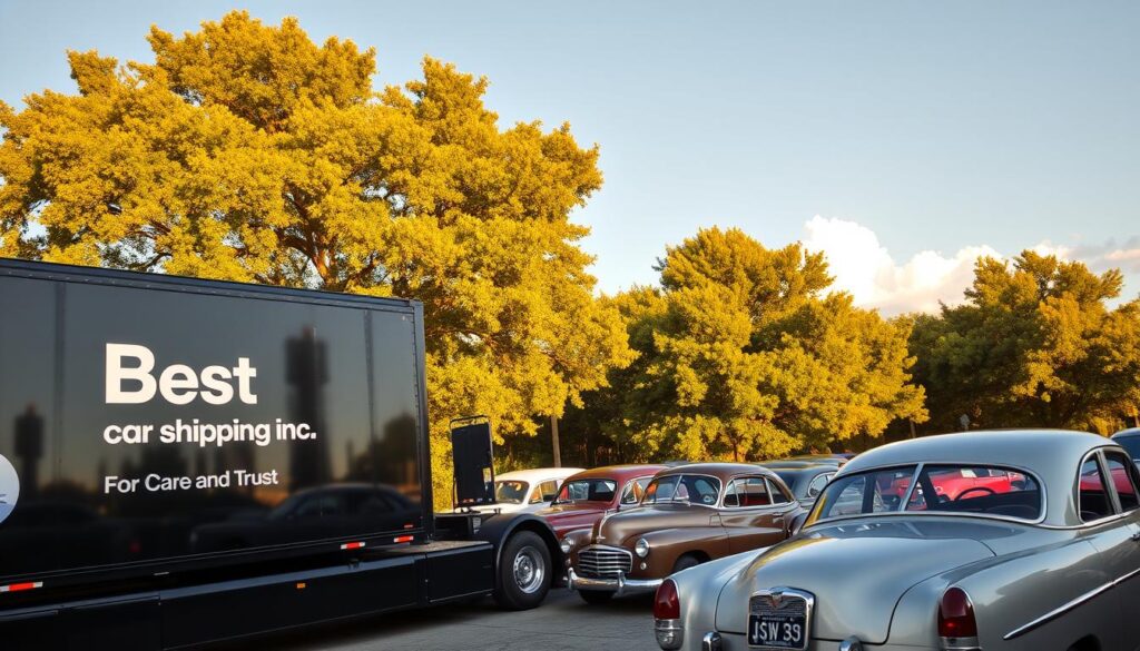 A reliable auto transport scene showcasing a professional car shipping service in Pineville, Louisiana. In the foreground, a sleek black transport truck with the logo "Best Car Shipping Inc" prominently displayed on the side, parked beside a row of vintage cars, symbolizing care and trust. The middle ground features lush green trees typical of Louisiana, bathed in warm, golden sunlight that creates a welcoming atmosphere. In the background, view a clear blue sky with a hint of fluffy white clouds. Utilize a wide-angle lens to capture the expansive setting, highlighting the details of the service and the serene environment. Aim for a warm, trustworthy mood that conveys reliability and professionalism, avoiding any people to keep the focus on the vehicles. A reliable auto transport scene showcasing a professional car shipping service in Pineville, Louisiana. In the foreground, a sleek black transport truck with the logo "Best Car Shipping Inc" prominently displayed on the side, parked beside a row of vintage cars, symbolizing care and trust. The middle ground features lush green trees typical of Louisiana, bathed in warm, golden sunlight that creates a welcoming atmosphere. In the background, view a clear blue sky with a hint of fluffy white clouds. Utilize a wide-angle lens to capture the expansive setting, highlighting the details of the service and the serene environment. Aim for a warm, trustworthy mood that conveys reliability and professionalism, avoiding any people to keep the focus on the vehicles.